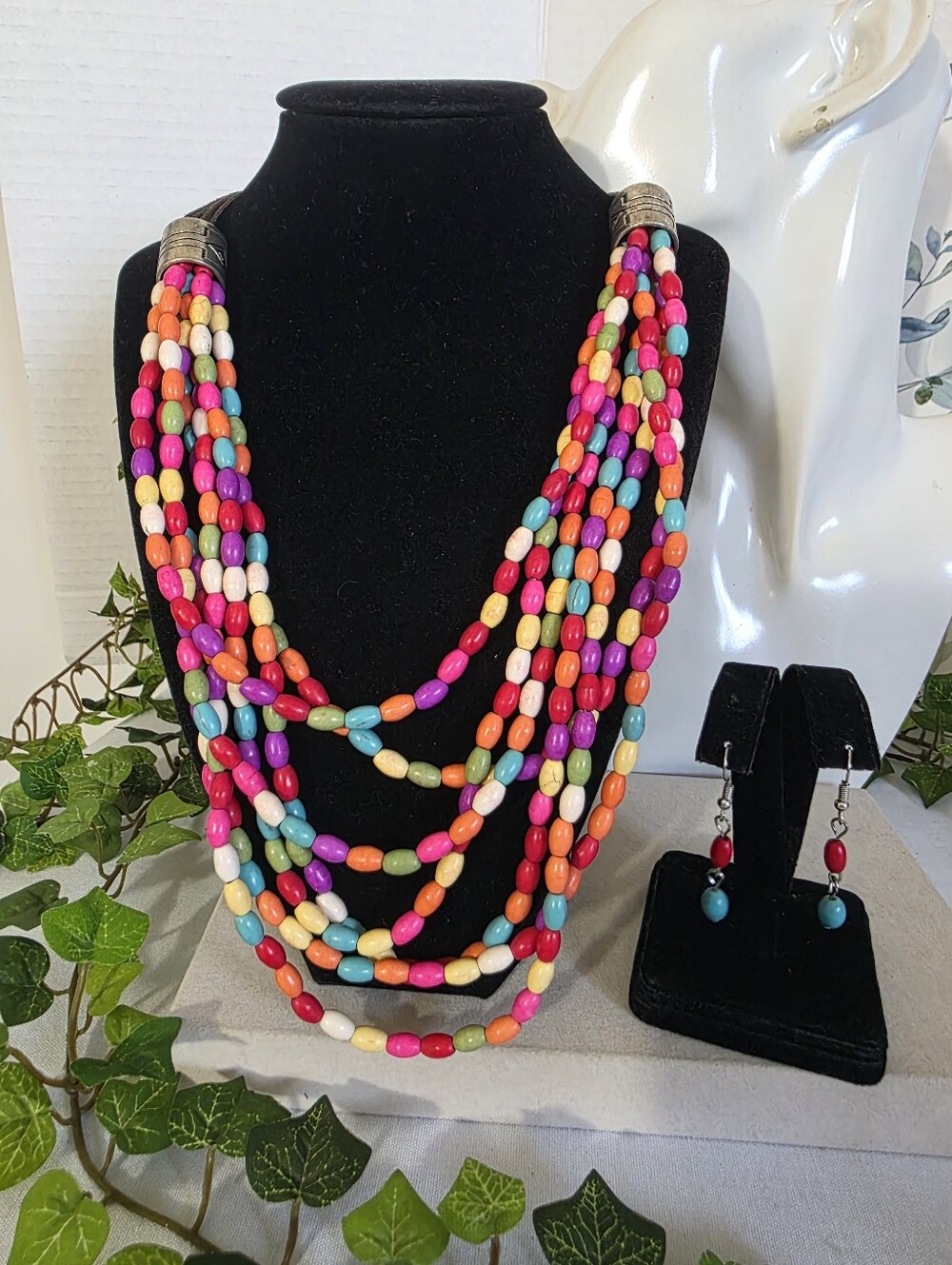 Bohemian Multi Layer Stone Bead Statement Necklace Set Southwestern